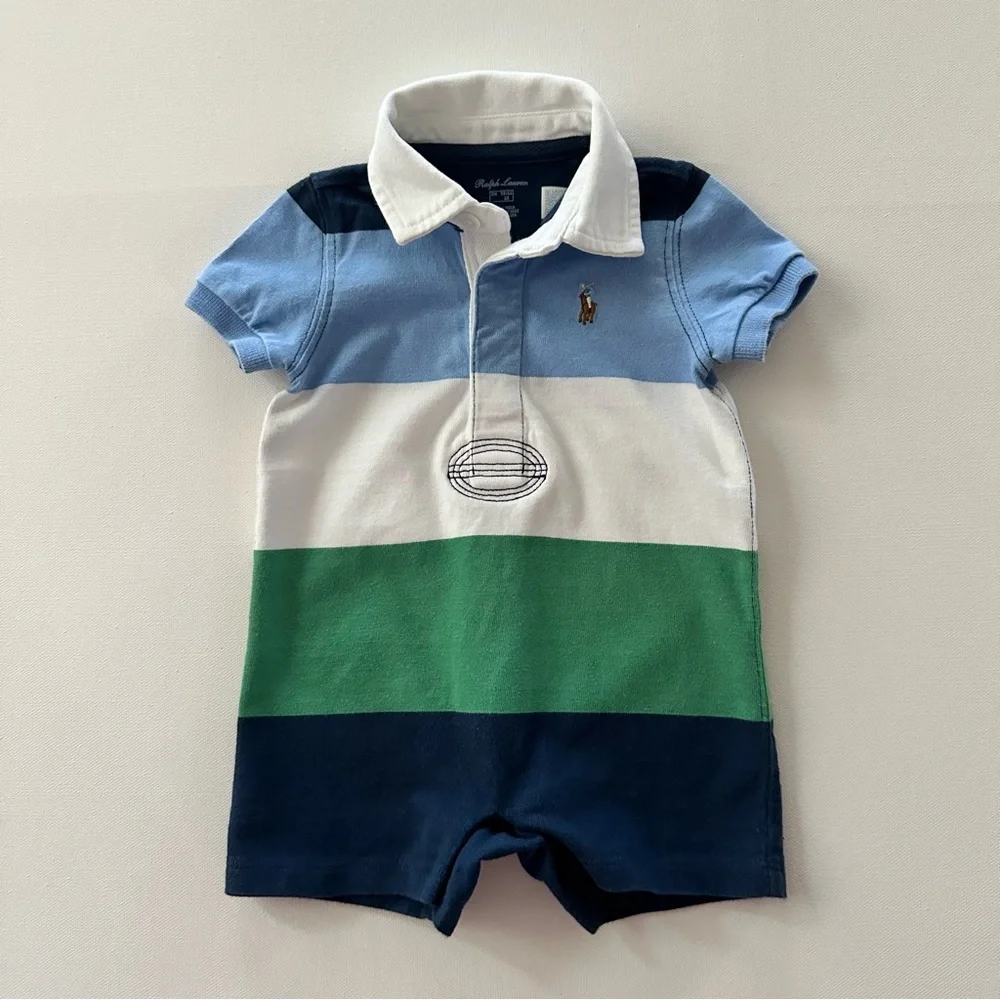 Ralph Lauren 3 Months Baby Boy Polo Romper Spring Summer Preppy Blue Green